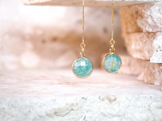 Amazonite drop earrings featuring smooth, pale blue-green faceted gemstones hanging from gold plated sterling silver thread earrings.