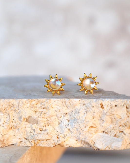 Moonstone Sunflower Gold Plated Sterling Silver Stud Earrings – Enhance Positivity and Emotional Balance