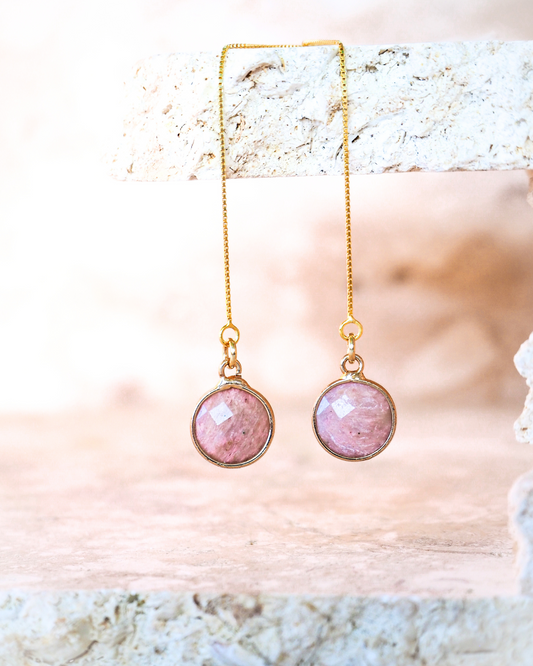 Rhodonite & Gold-Plated Sterling Silver Threader Earrings – Embrace Calmness and Resilience