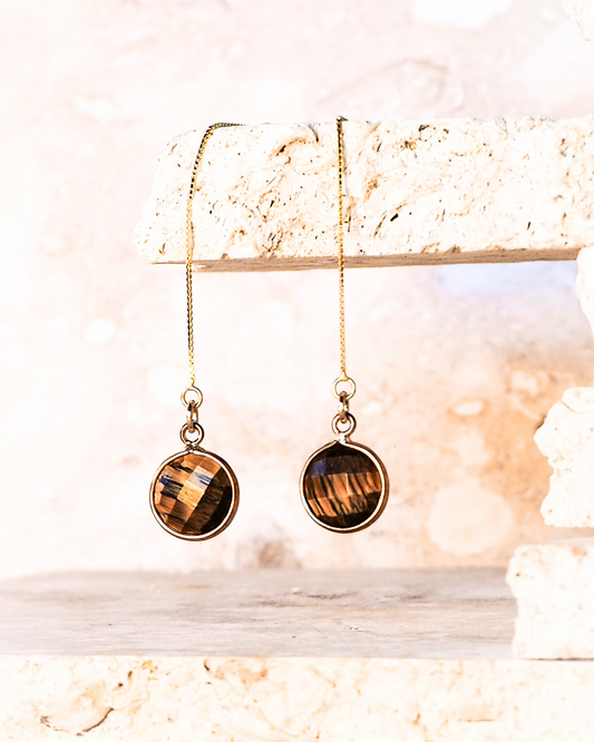 Tiger Eye & Gold-Plated Sterling Silver Threader Earrings – Embrace Elegance and Inner Strength