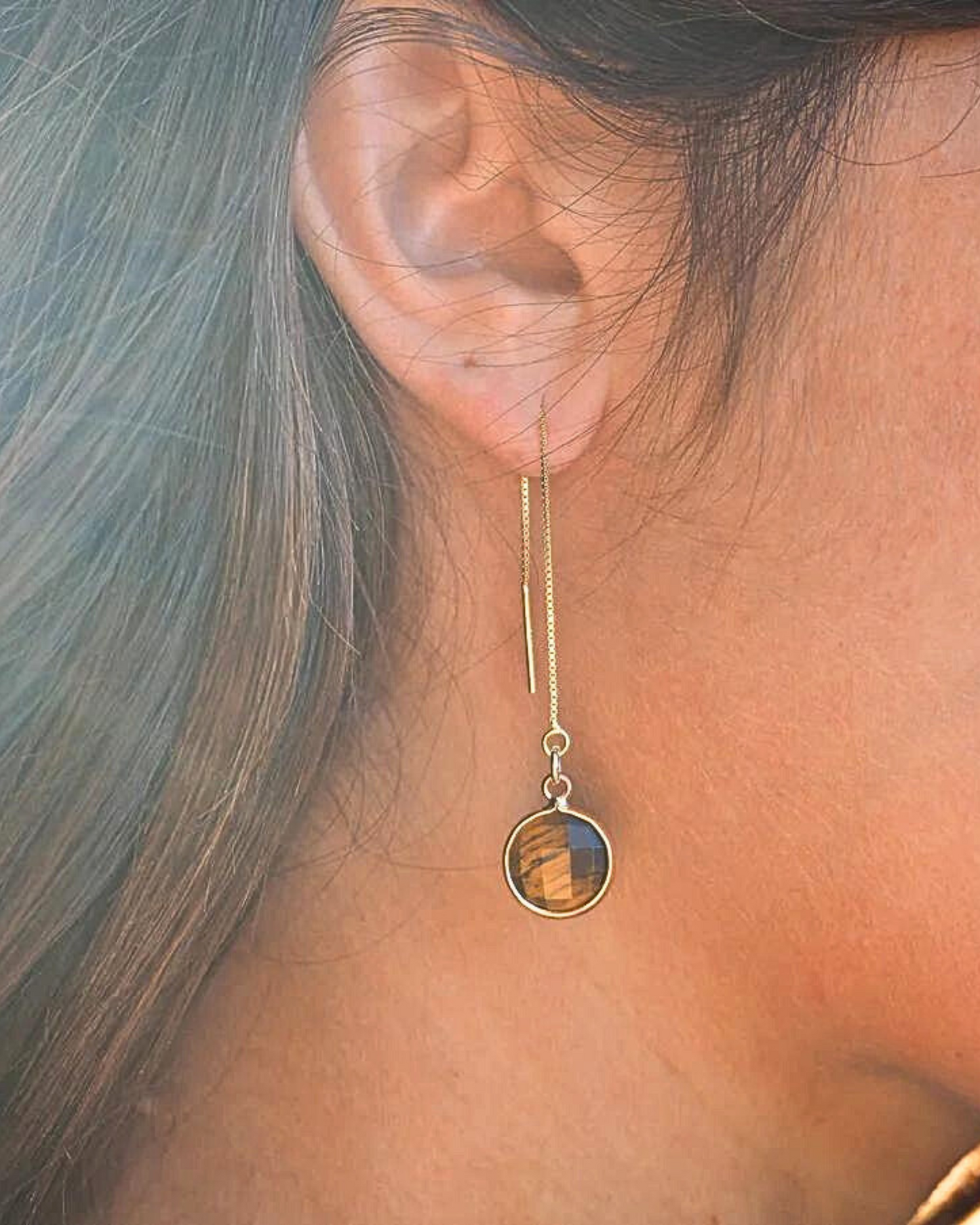 Tiger Eye & Gold-Plated Sterling Silver Threader Earrings – Embrace Elegance and Inner Strength