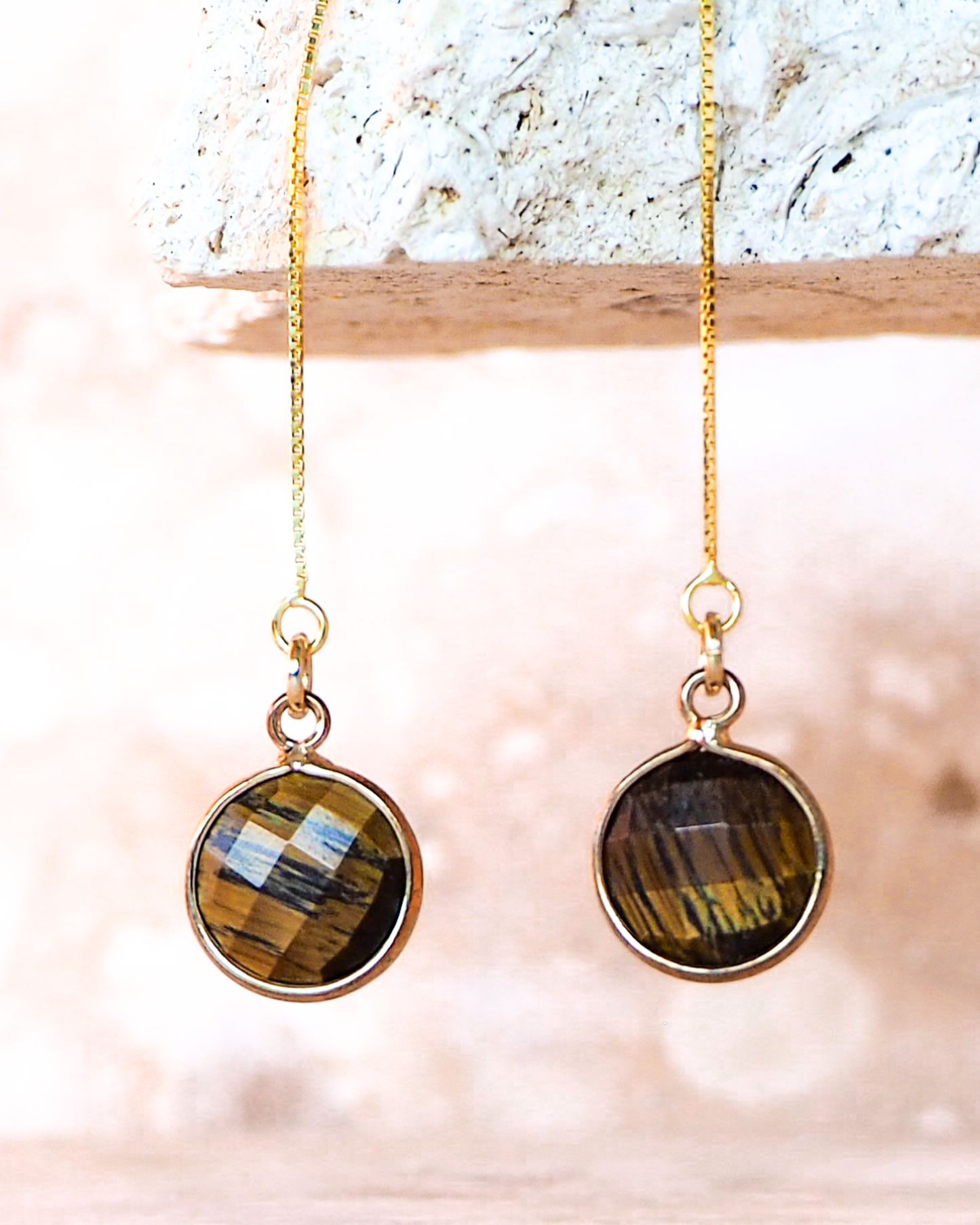 Tiger Eye & Gold-Plated Sterling Silver Threader Earrings – Embrace Elegance and Inner Strength